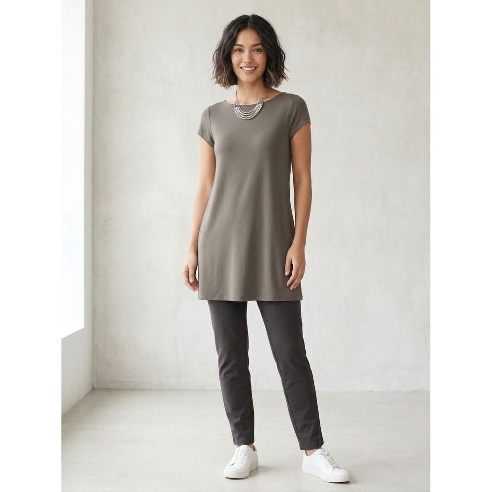 Eileen Fisher Olive Gray Viscose Stretch Boat Neck Tunic Top Medium F16VF